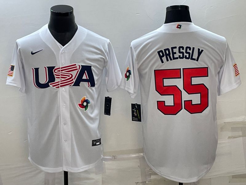 Men 2023 World Cub USA #55 Pressly White Nike MLB Jersey8